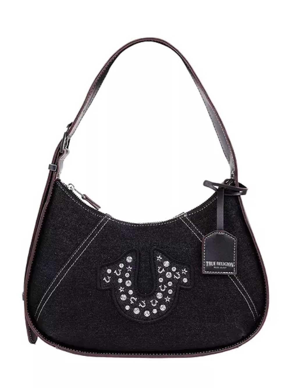True Religion Black Denim Shoulder Bag with Studded Horseshoe